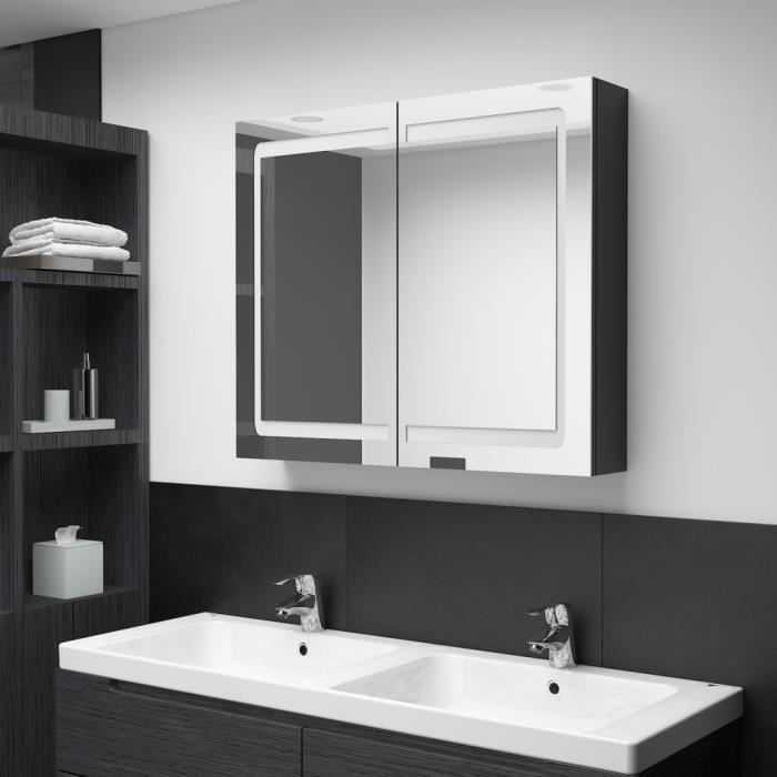 armoire de salle de bain à miroir led atyhao noir brillant 80x12x68 cm