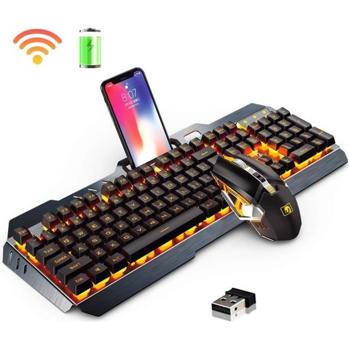 GAMING Pack Clavier LED Rétro-éclairé Rechargeable + Souris 2400DPI - Sans  fil - PC