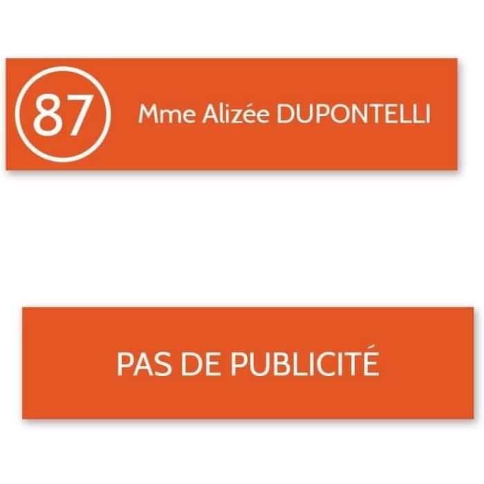 Étiquette Personnalisable Boîte Aux Lettres PVC Orange - Nom Et Numéro - 100x25x0,8 Mm - 2 Lignes Gravure Laser Durable