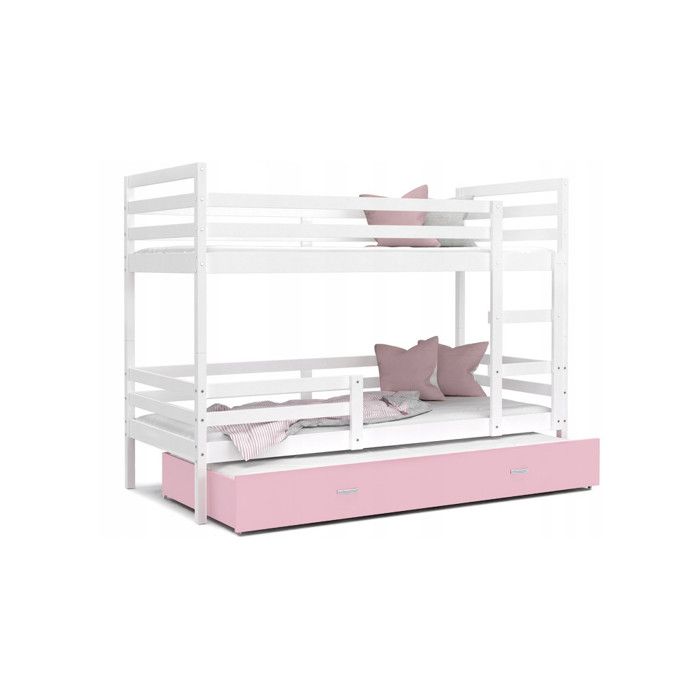 Lit Superposé 3 Places Milo 90x190 gigogne + matelas Blanc - rose