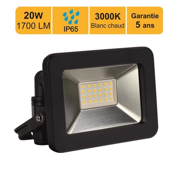 Projecteur LED Noir 20W (100W) à Détecteur IP65 1600lm - Blanc Chaud 2700K