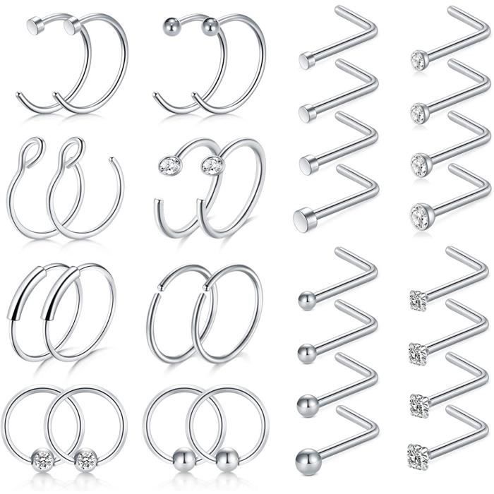 Kit Piercing Nez 20G/18G - Anneaux Clicker Et Studs En Acier Chirurgical - CZ Or Et Argent