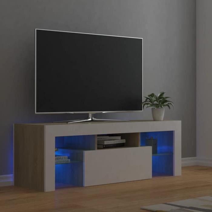 meuble hifi - meuble tv - best-meuble - blanc et chêne sonoma - avec lumières led