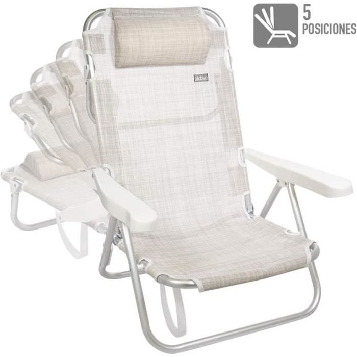 Chaise basse pliante Beige avec coussin,108x60x82 cm,Aluminium/Textilène,