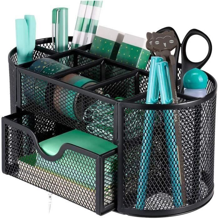 Organisateur De Bureau En Métal 7 Compartiments - Range Stylos, Fournitures - 22x14x12 Cm - Bleu
