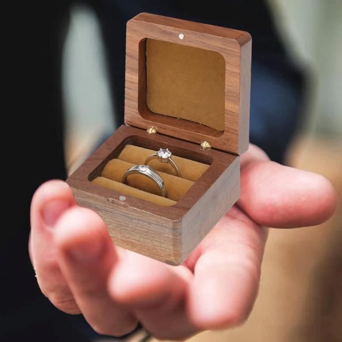 Boîte Cérémonie Double Boîte à Bagues Mariage LXSINO - Bois De Noyer Vintage - 2 Emplacements - Fermeture Magnétique - 6x6cm Accessoire Mariage Bois