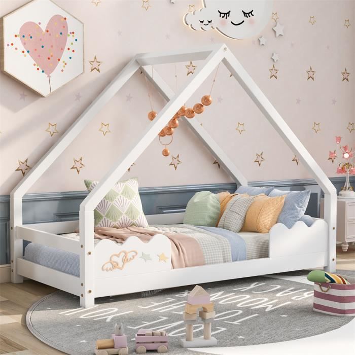 Dripex Lit Maison Lit Enfant 80x160cm avec barrière de sécurité, Lit de jeu bois massif Blanc