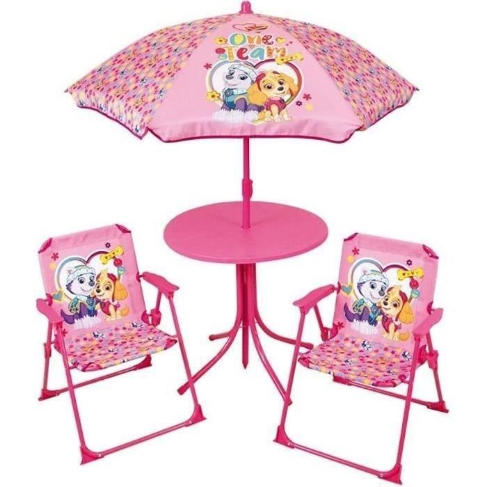 Salon de jardin FUN HOUSE PATPATROUILLE - 1 table 46xø46 cm 2 chaises H.53xl.385xP.375cm et 1 parasol