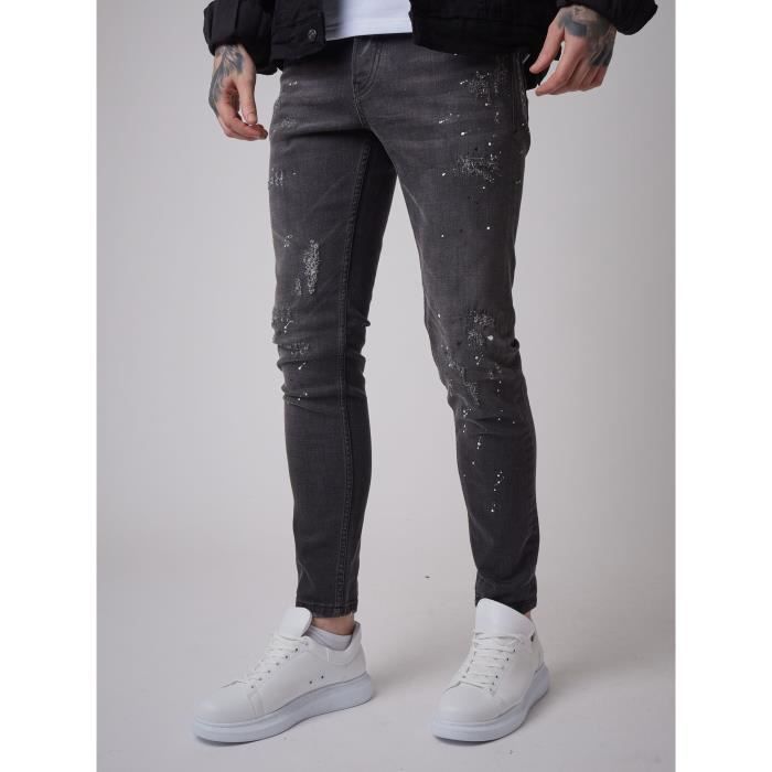 Jean Slim gris fonce effet use et tachete PROJECT X PARIS Homme Noir Cdiscount Pret a Porter