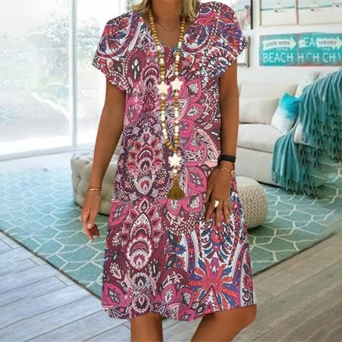 Robe S 5XL robe de grande taille ete femmes Vintage col en v robe imprimee florale a manches courtes retro imprime robes Type Red Blanc Cdiscount Pret a Porter