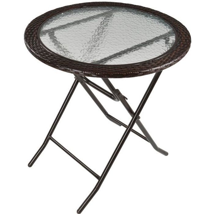 Table bistro de jardin pliable Ø 68cm métal époxy résine tressée chocolat plateau verre trempé OUTSUNNY