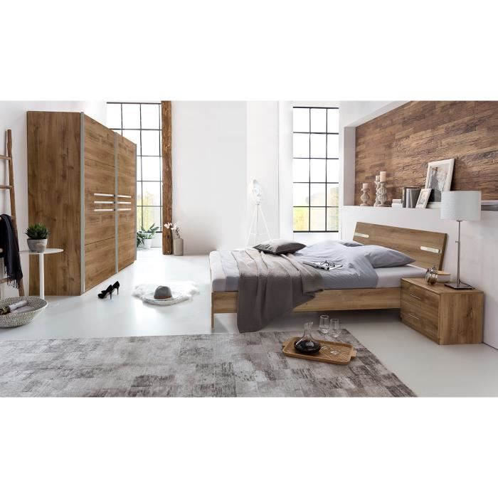 Chambre à coucher complète adulte HOMY (lit 180x200cm + 2 chevets + armoire) coloris imitation chêne poutre-chrome brillant