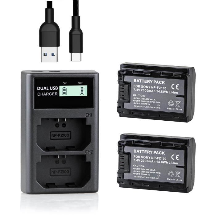 QUMOX 2Pcs NP-FZ100 2000mAH batterie et Chargeur Double pour Sony A7iii, A7iv, A7C, ZV-E1, FX3, FX30, A9, A6600, Alpha 9, Alpha 9S,