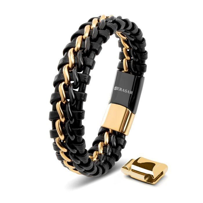 Bracelet en Cuir pour Homme SERASAR B015-23 Or/Noir Bijoux élégants et à la mode cadeau parfait pour mari ou petit ami.