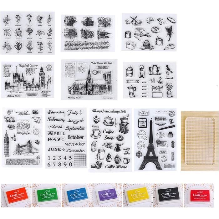 Kit 18 Pièces Tampons Encreurs - 10 Tampons Silicone Transparents, 1 Bloc Acrylique, 7 Encres De Couleurs, Pour Scrapbooking, Journal