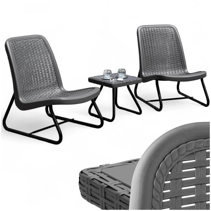 Salon de jardin - TECTAKE - Ensemble détente dextérieur MODICA 2 fauteuils avec table en imitation rotin structure en acier - Gris