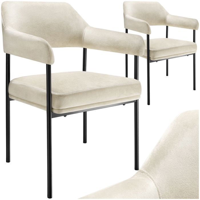 Chaise - TECTAKE - Lot de 2 fauteuils DOÉ aspect velours rembourré pieds en acier et dossier 58 x 62 x 85 cm - Blanc cassé