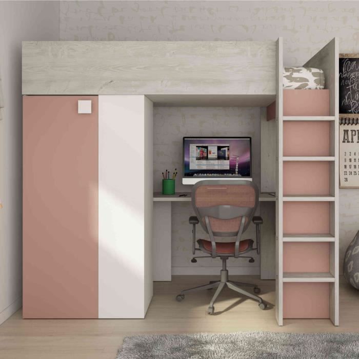 lit mezzanine enfant 90x200 avec armoire intégrée en bois rose - terre de nuit - li9068