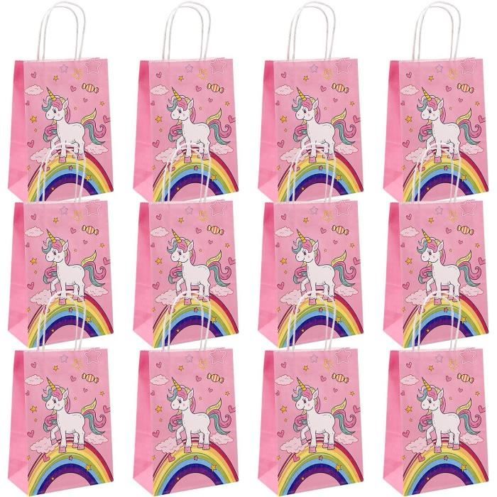 HOOKTA Lot 12 Sacs Cadeaux Enfants Rose – Papier Avec Poignées – Sacs Anniversaire, Halloween, Bonbons – Fête Enfants