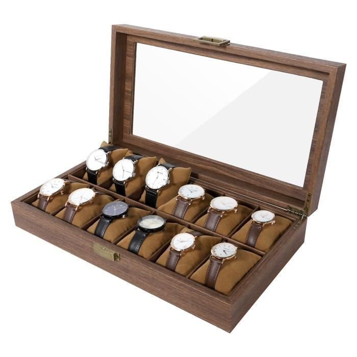 UTEN Boîte à Montre Bois 12 CompartimentsCoffret Montre Homme avec Vitrine en VerreÉcrin de Rangement avec Doublure Velours Marron