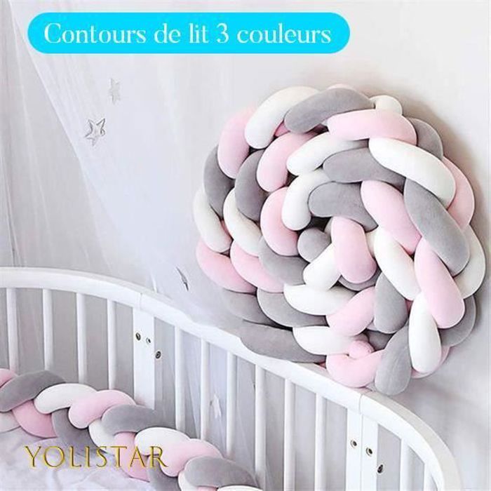 3M Tour de lit coussin Serpent Coussin Tressé pare-chocs Velours Tour de Canapé Souple 100% Fait à Main (Gris+blanc+rose)