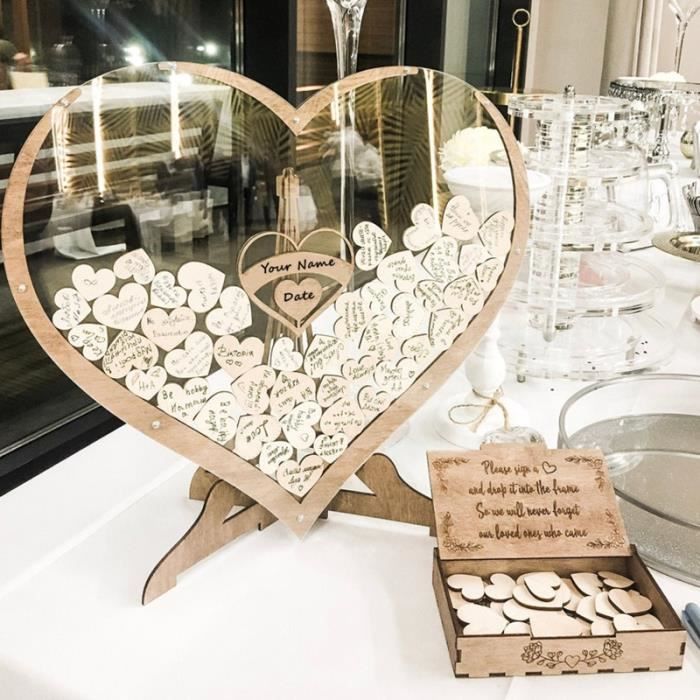 Livre D'or Original En Bois Pour Mariage - Bocal En Forme De Goutte Avec Cœurs - Personnalisé