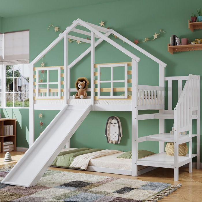 Lit Superposé 90x200cm, Lit Enfant Avec Escaliers Et Toboggans, Tableau