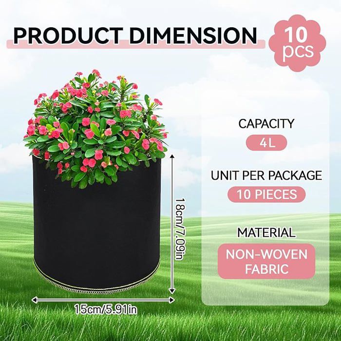 Lobamop Lot De 5 Pots De Culture En Tissu 3 Litres Avec Poignées - Noir - Jardinage Pommes De Terre
