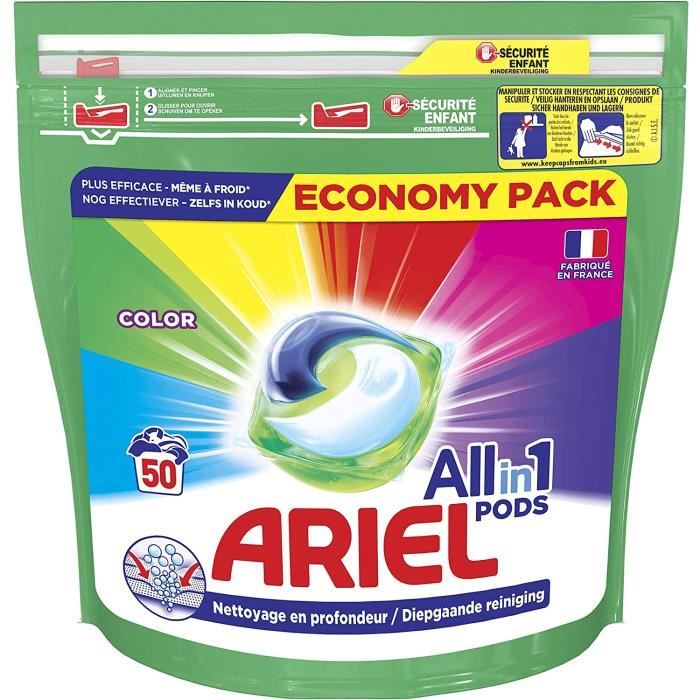 Ariel All-in-1 Pods Lessive Capsules, 50 Lavages, Couleur, Efficace même à  Froid, Protection des Couleurs : : Epicerie