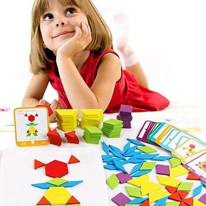 Lot de 130 Pcs Tangram Puzzle en Bois Géométrique Coloré Jouet