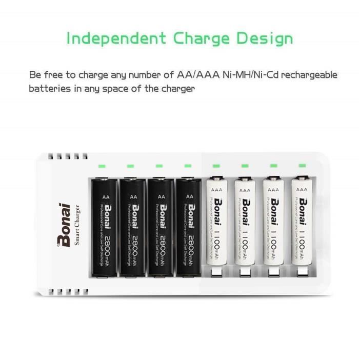 Chargeur De Piles BONAI AA/AAA Avec LCD - 4 Slots Intelligent | Inclut 8 Piles Rechargeables Ni-MH