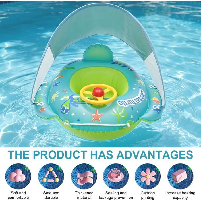 Bouée Bébé Avec Pare-soleil UPF50+ – Anti-retournement – Volant Et Klaxon – 70 Cm – Dès 12 Mois