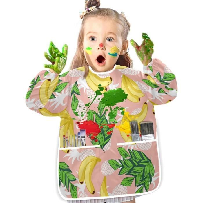 JIYIN Lot de 2 tabliers de peinture pour enfants - Imperméables - Avec manches et 3 poches - Pour peinture, cuisine, repas, rose et jaune, M