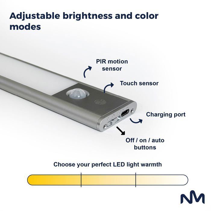 Lampe LED Sans Fil Sunmatic - Détection Mouvement, 30 Cm, 3 Couleurs - Rechargeable USB-C - Pour Placard, Escalier, Salle De Bain - 9