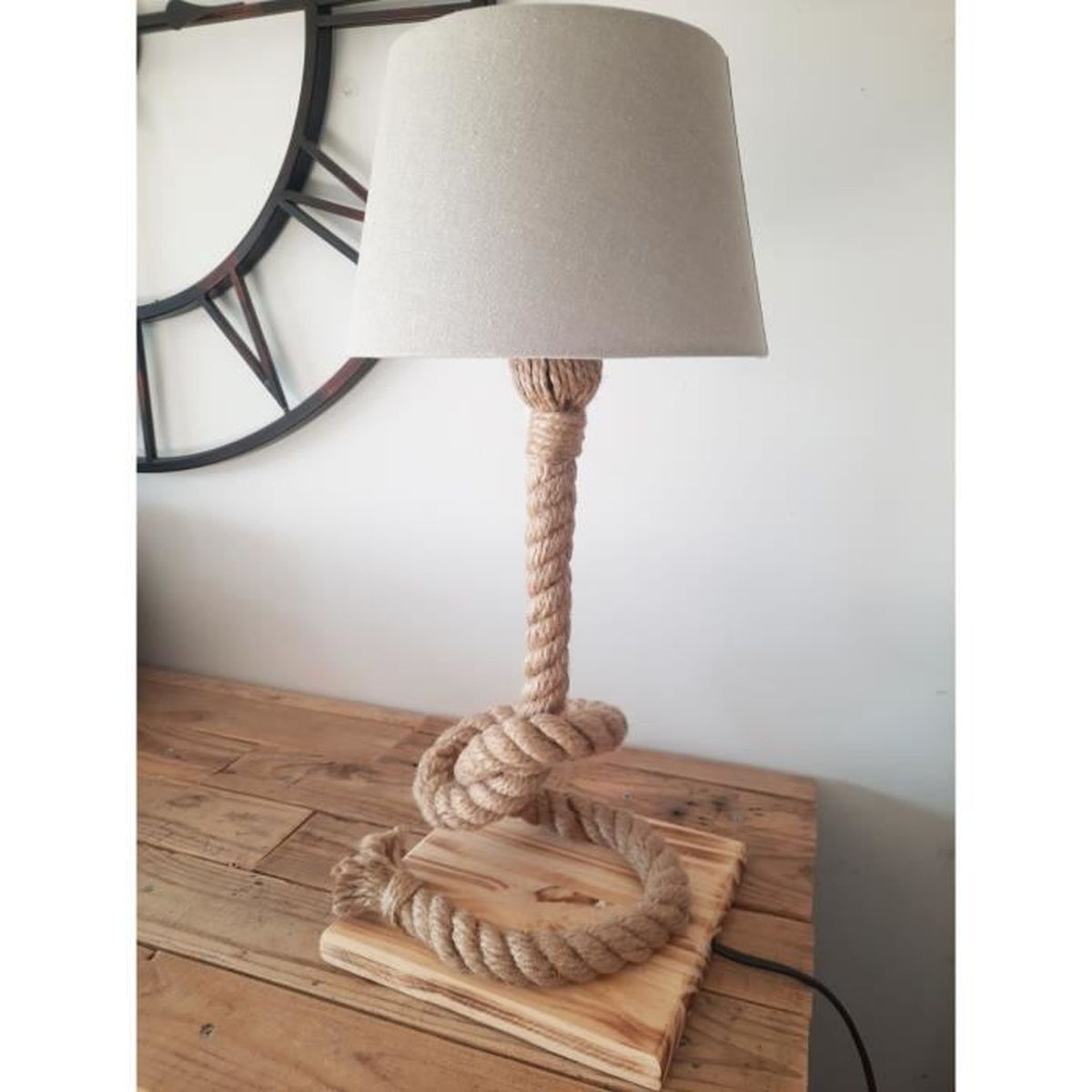 Solenzo Lampe de chevet bois et corde avec ampoule LED offerte 