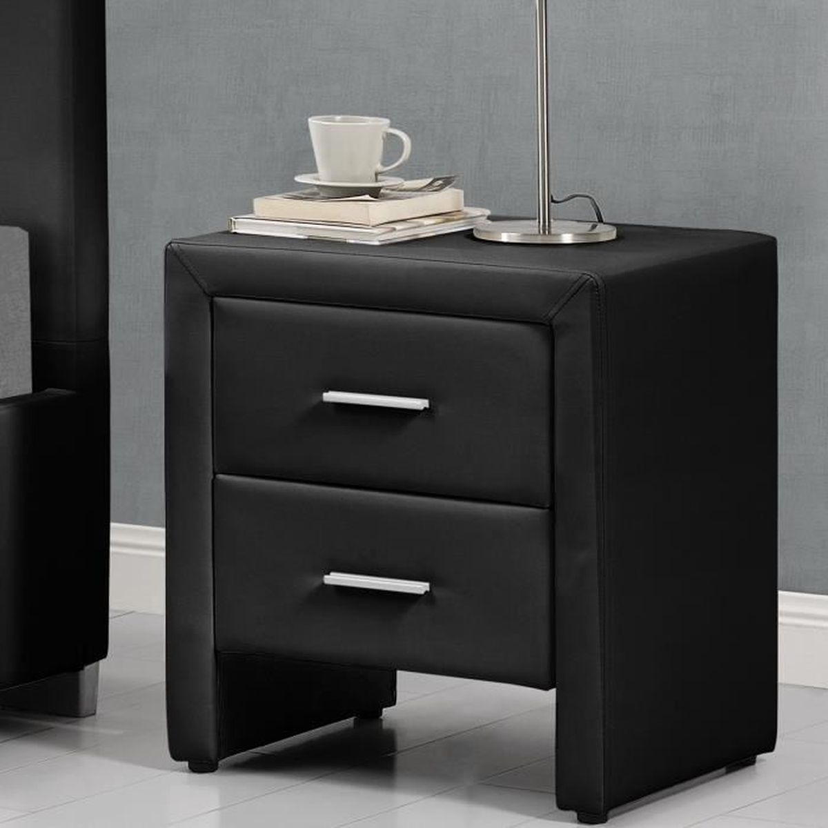 Le Sybil : table de chevet en simili noir avec 2 tiroirs - Cdiscount Maison