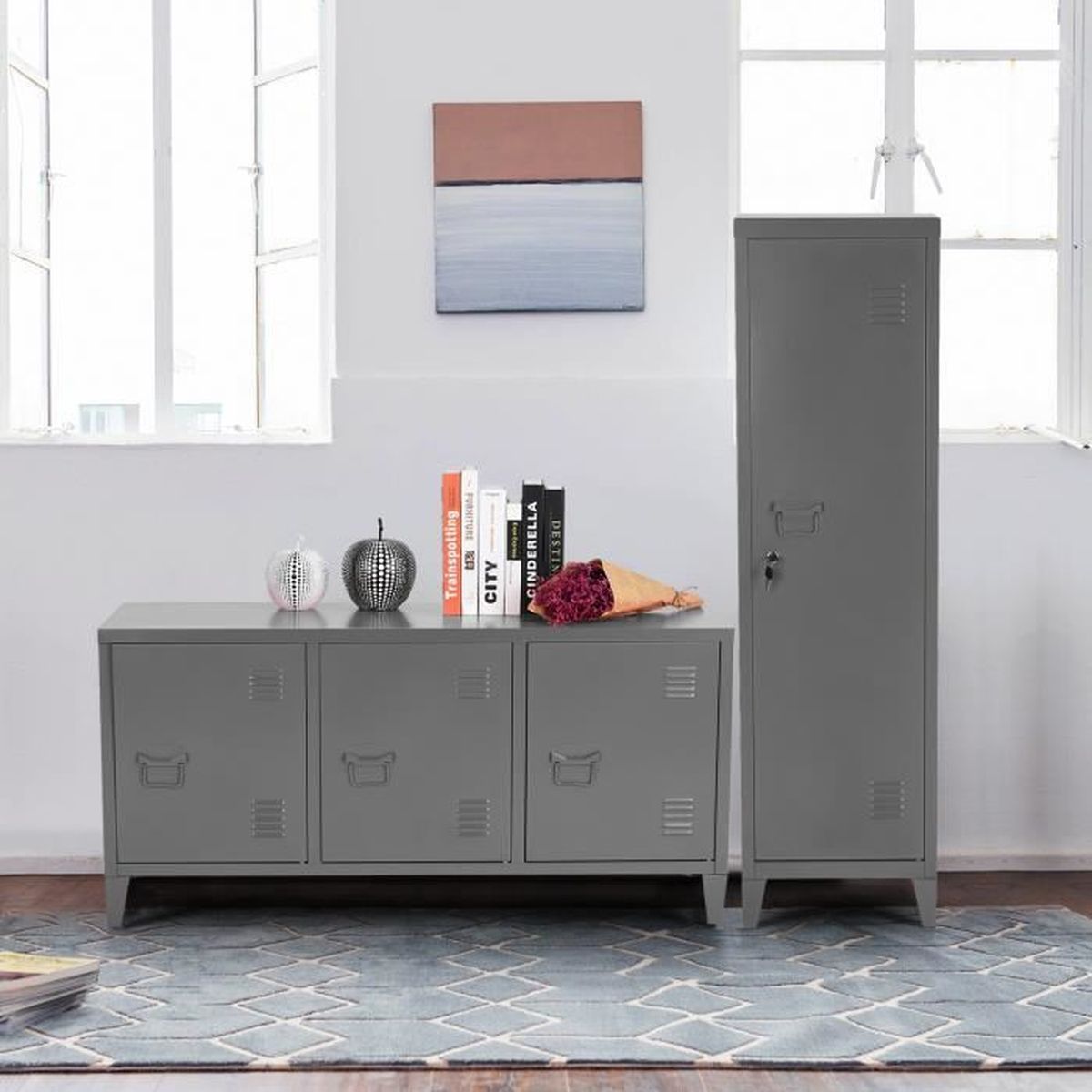 Set de 2 Armoires Commode de Chambre Métal Industriel Armoire de