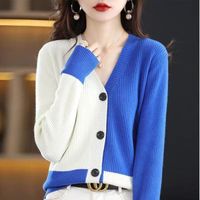 Gilet Cardigan Femme,Cardigan tricoté à col en v pour femme,pull-over décontracté,couleur épissée,vêtements pour - white blue