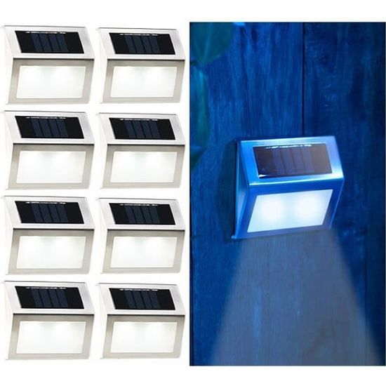 Applique murale solaire LED - LUNARTEC - Lot de 8 - Acier inoxydable - 20 lm - IP44