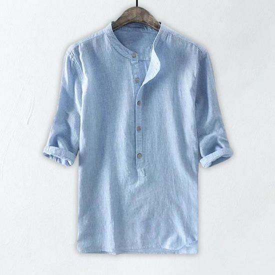 T-shirt Homme Manches Courtes - Coton Et Lin - Col Montant Avec Bouton - Coupe Décontractée - Uni - Printemps/été - 2