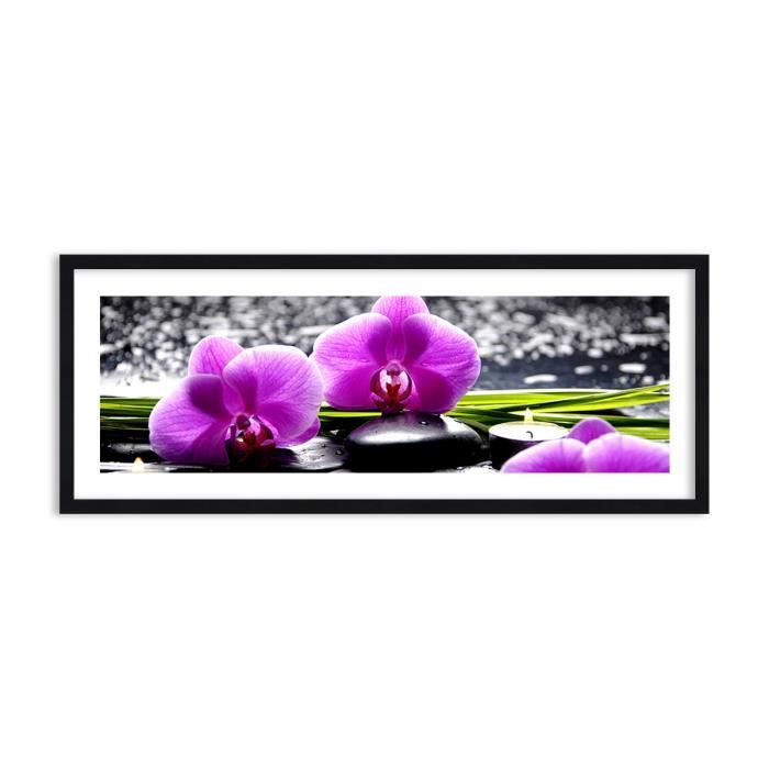 Image Impression sur toile 100x40 cm Orchidées pierres eau - Le Cadre couleur noire - pour la mur - F1BAB100x40-2658