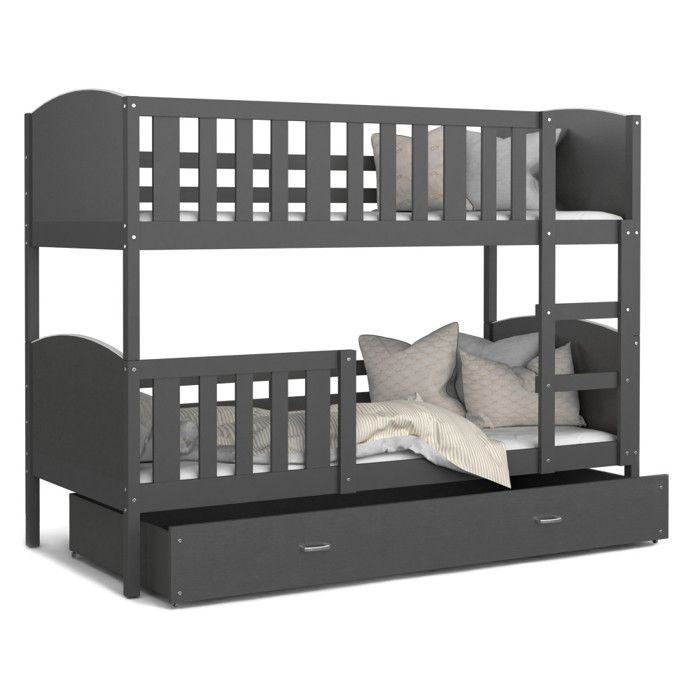Lit superposé Tomy 90x190 GRIS GRIS Livré avec tiroir, 2 sommiers et 2 matelas en mousse de 7cm OFFERTS