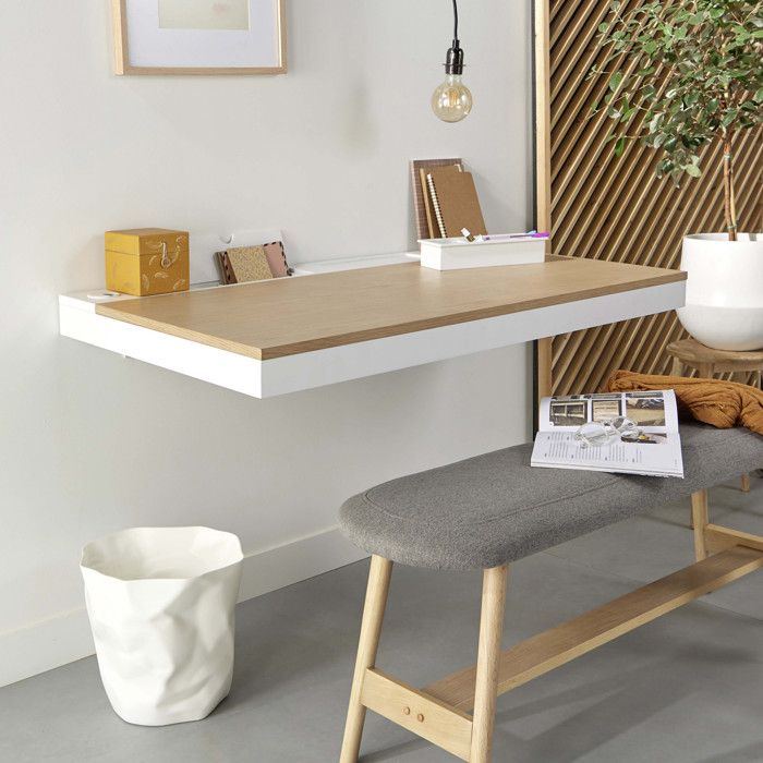 Bureau Mural Scandinave Bois et Blanc HANG L120 x H80 x P65 cm