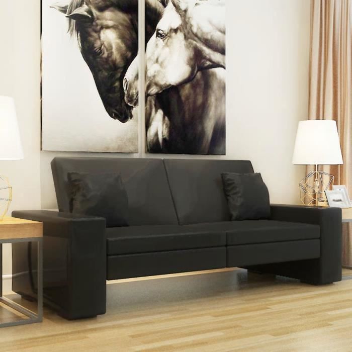 Canapé-lit convertible 2 places - Style classique - 176 x 92 x 52 cm - Cuir artificiel Noir