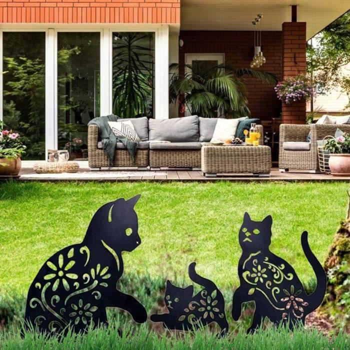 3 PCS Cat de Jardin Décoratifs Décor de Cour en Métal, Décoration Jardin Silhouette Exquise de Cat- Ornements de Pelouse