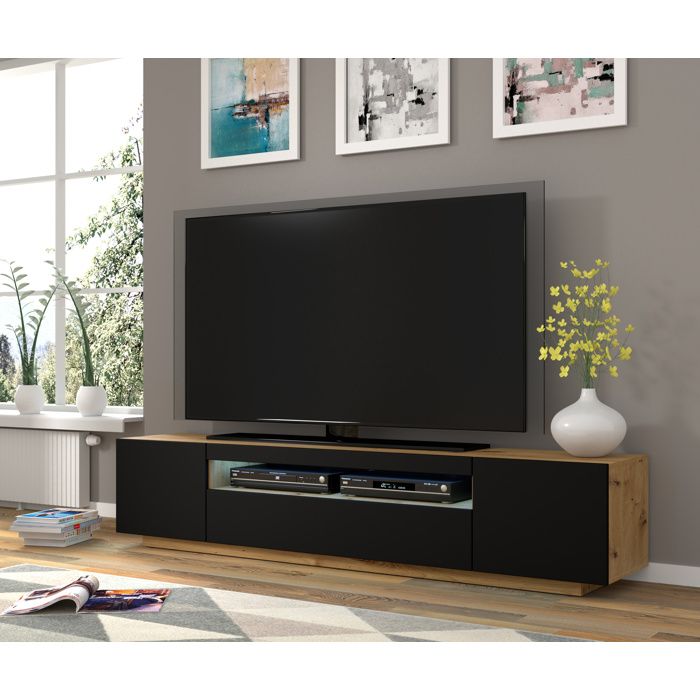 Meuble TV bas universel Aura 200 cm à suspendre ou à poser chêne artisan noir mat sans LED