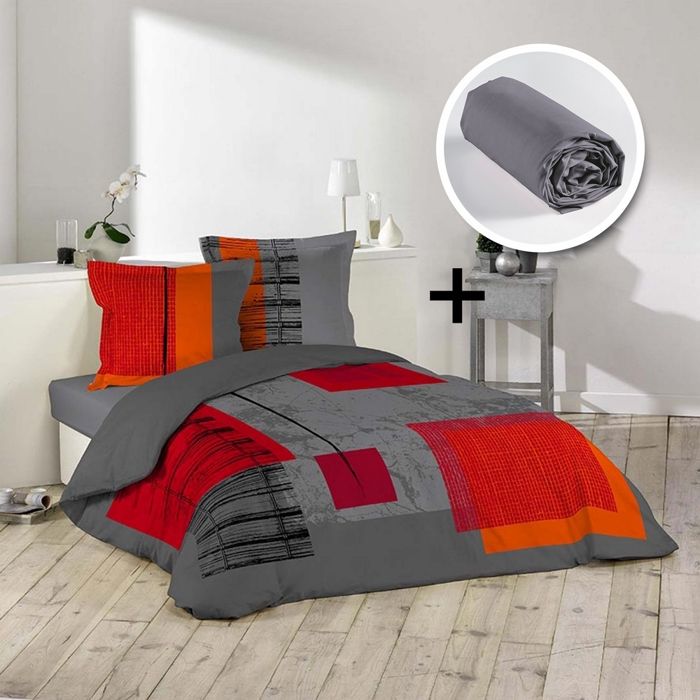 pack parure 1 housse couette 240x220 +2 to 63x63 quadro+1 dh 140x190 gris souris