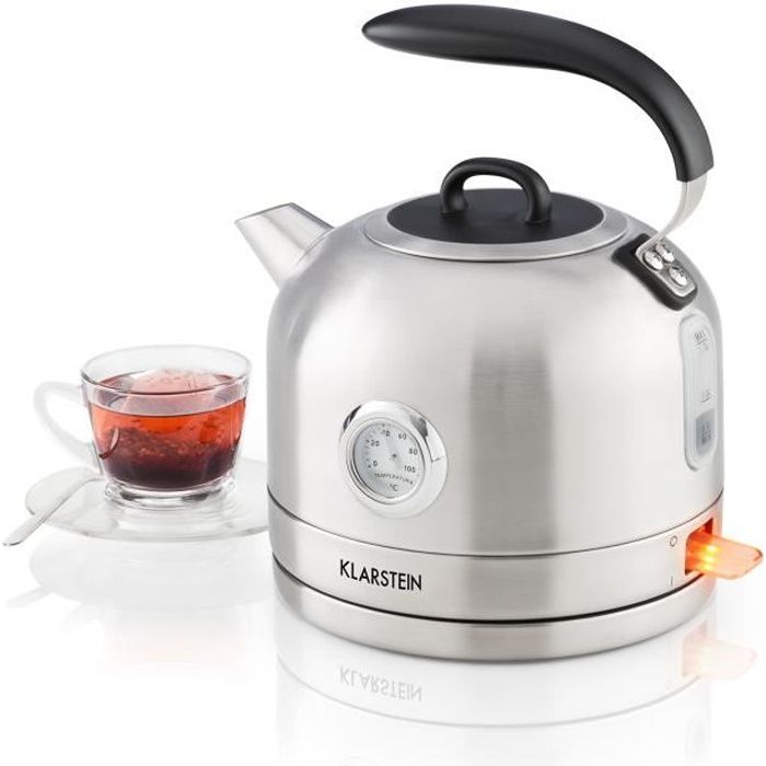 Klarstein Carlina Bouilloire électrique style théière rétro 1,7 l - Puissance 1850 à 2200W - Socle 360° - Design anglais inox brossé