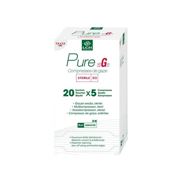 Lot de 12 boites de 100 Compresses de gaze stérile PURE 7,5x7,5 cm - Boite de 20 sachets de 5 compresses