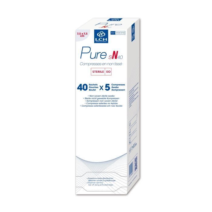 Lot de 20 boites de 200 Compresses PURE Non tissé stérile 40g - 7,5x7,5 cm - Boite de 40 sachets de 5 compresses